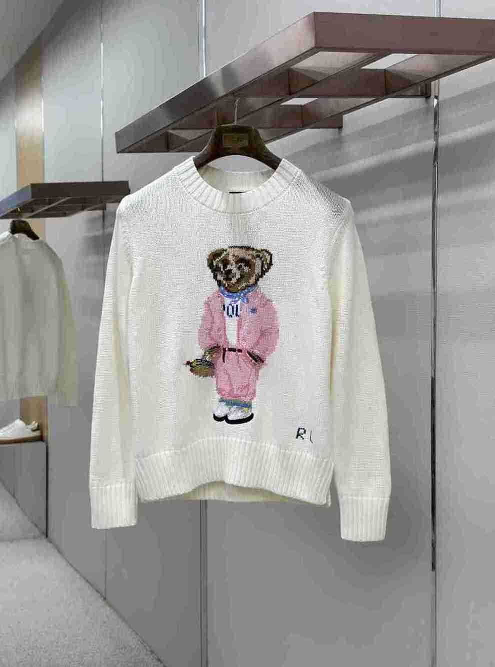 Polo Ralph Lauren Picnic Bear Knit Sweater Off White Casual Ladies Pullover